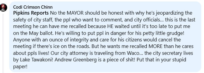 Codi Chinn responds to why she wants the meeting cancelled.