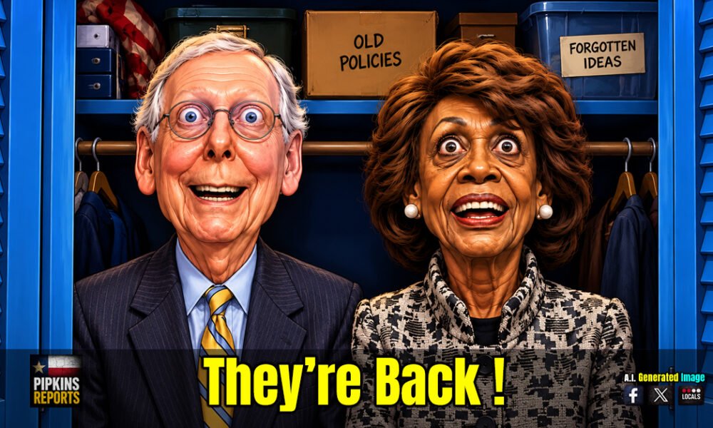 Cartoon Caricature of Mitch McConnell and Maxine Waters being catatonic in a closet