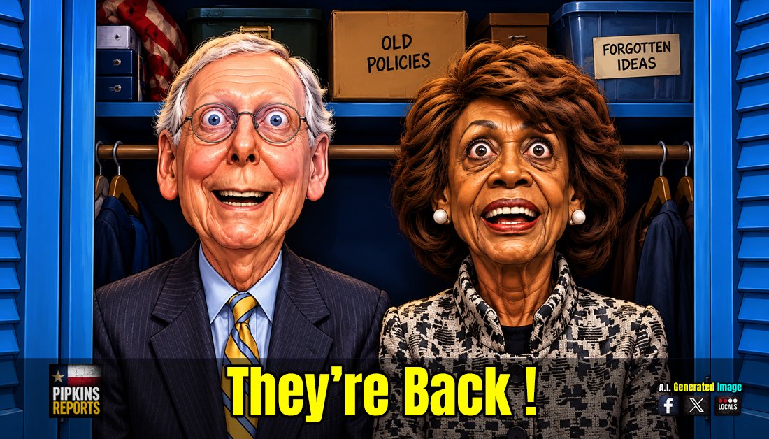 Cartoon Caricature of Mitch McConnell and Maxine Waters being catatonic in a closet