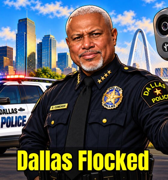 Cartoon Caricature of Dallas Police Chief and Flock Camera