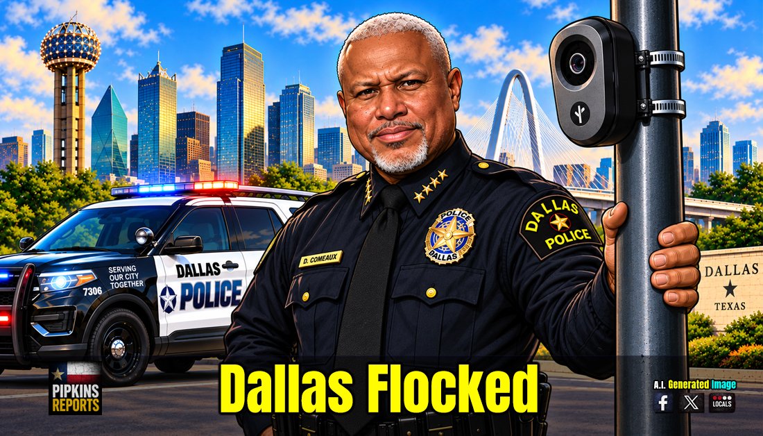 Cartoon Caricature of Dallas Police Chief and Flock Camera