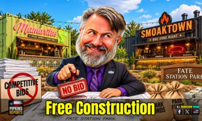 Cartoon Caricature of Michael Kovacs stamping No Bid on documents for restaurants in Fate Station Park