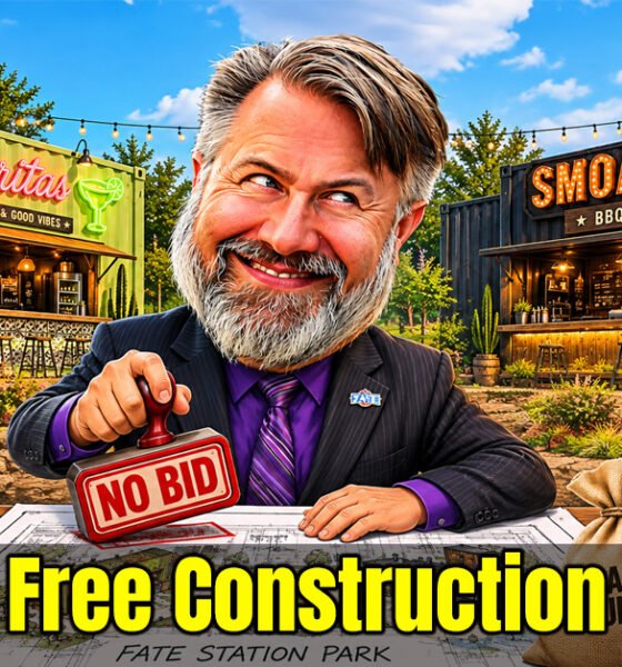 Cartoon Caricature of Michael Kovacs stamping No Bid on documents for restaurants in Fate Station Park