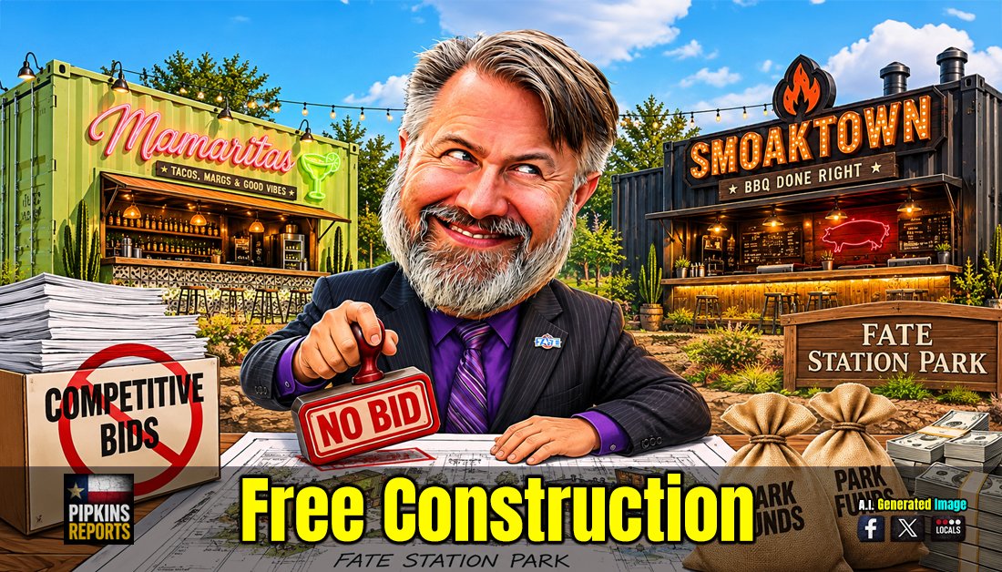 Cartoon Caricature of Michael Kovacs stamping No Bid on documents for restaurants in Fate Station Park