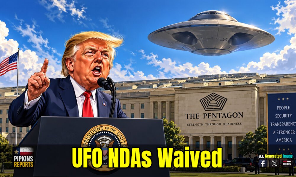 Cartoon of Trump in front of the Pentagon with UFO overhead
