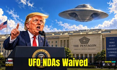 Cartoon of Trump in front of the Pentagon with UFO overhead