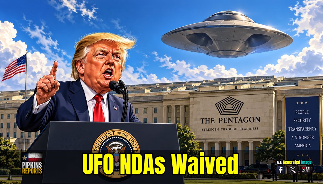 Cartoon of Trump in front of the Pentagon with UFO overhead